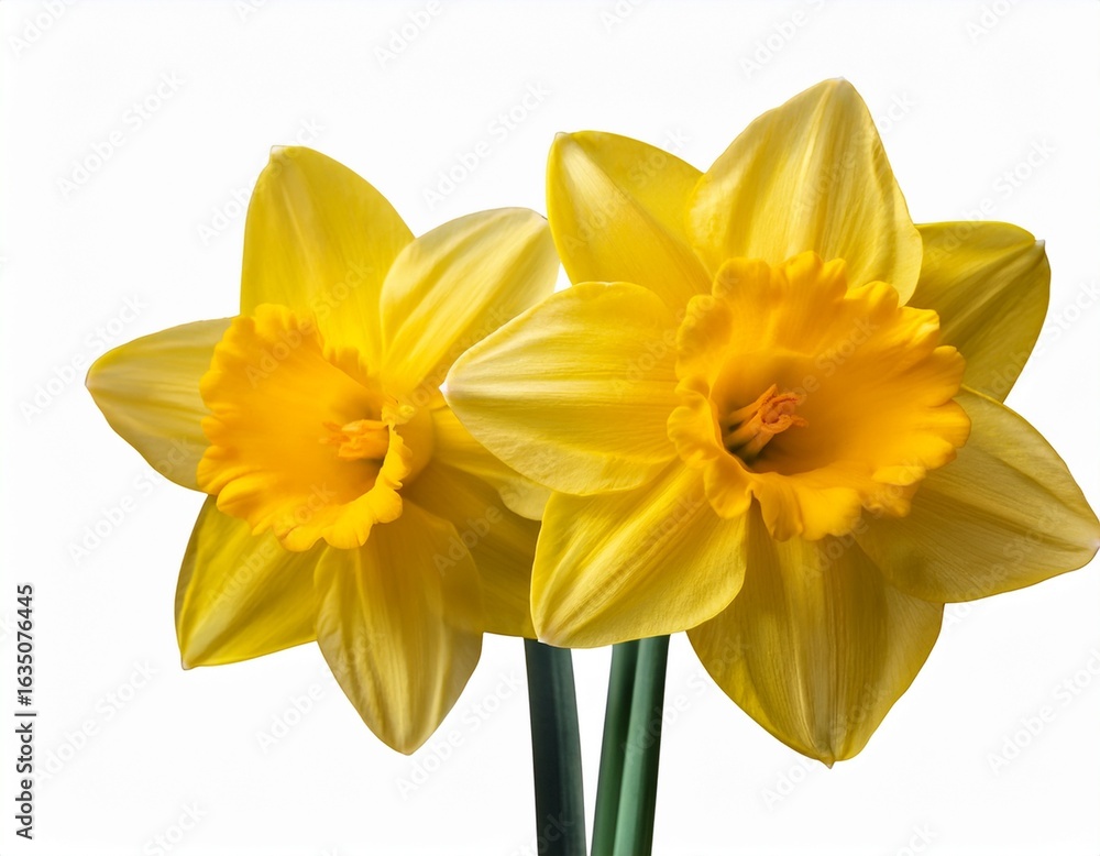 two cheerful yellow daffodils with ruffled trumpets isolated on white background two cheerful yellow daffodils with ruffled trumpets isolated on white background