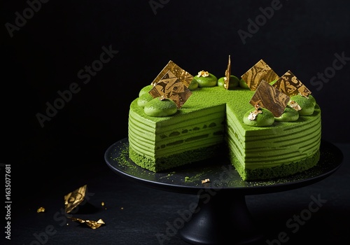 An exquisite gourmet matcha crepe cake with a slice cut out, showcasing its many delicate green tea layers. A concept of culinary indulgence.
