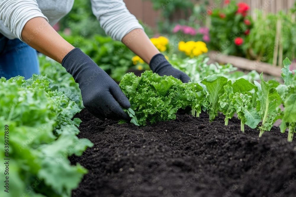 Fototapeta premium Person Gardening and Planting Lettuce