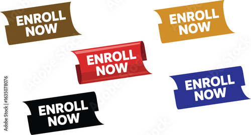Collection of colorful buttons with the text enroll now