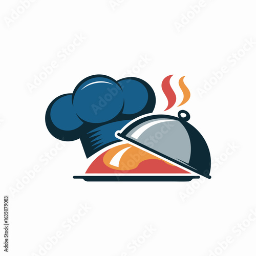 Chef hat and serving platter with hot food illustration