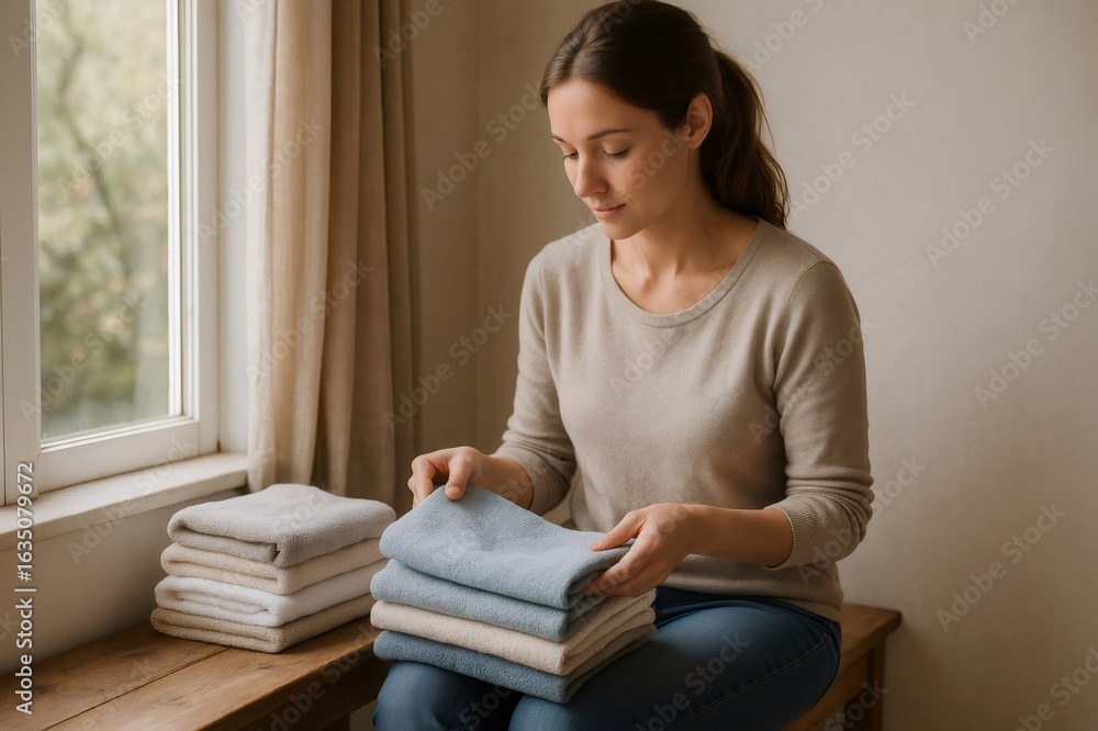 Housewife folding clean towels while sitting by a window, enjoying the natural light in a cozy and comfortable home environment Housewife folding clean towels while sitting by a window, enjoying the natural light in a cozy and comfortable home environment
