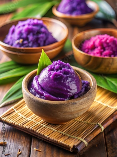 Colorful ube halaya in a traditional Filipino bowl