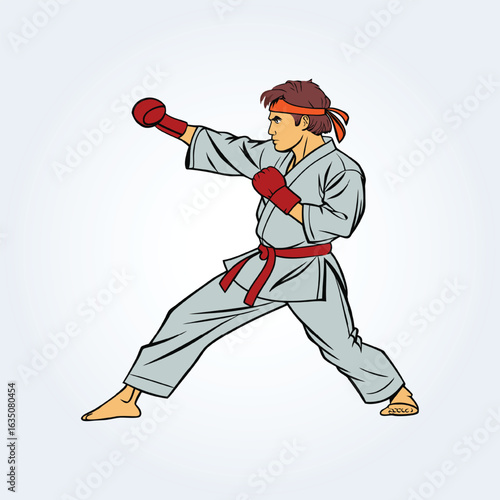 a character illustration of a karate man doing a punch