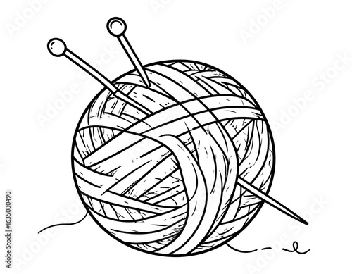 Hand-drawn ball of yarn with needles