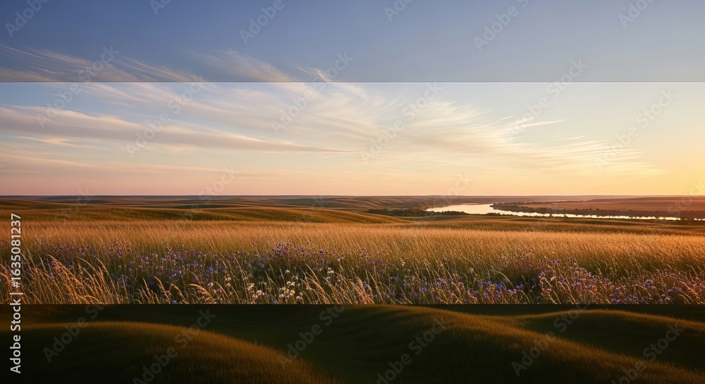 Obraz premium Breathtaking sunset illuminating a tranquil field of tall grass on rolling hills, a picturesque scene of natural beauty in the vast countryside.