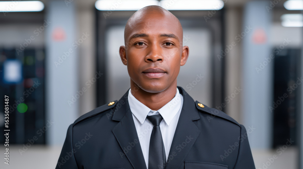 Fototapeta premium A confident individual in a formal uniform stands in a modern, brightly lit environment, exuding professionalism and authority.