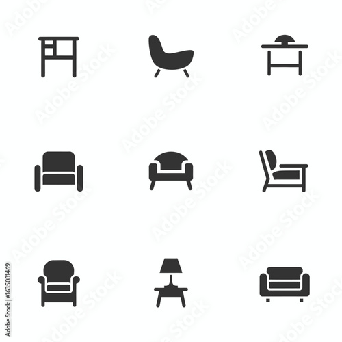 Collection of modern furniture icons including chairs tables and a lamp