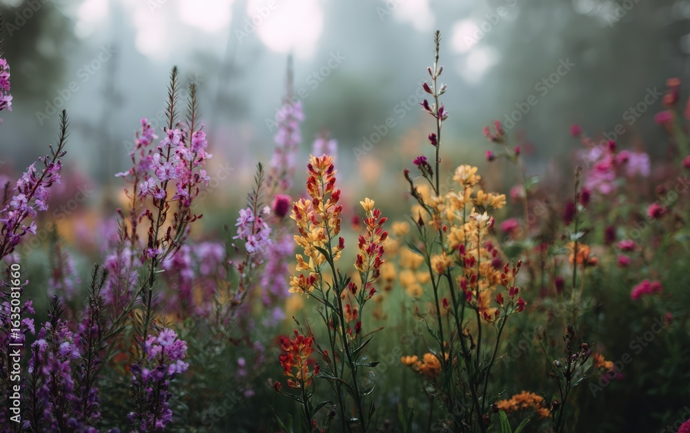 Obraz premium Peaceful morning landscape featuring colorful garden flowers blooming in misty light, ideal for themes of serenity, wellness, and natural beauty in outdoor botanical photography.