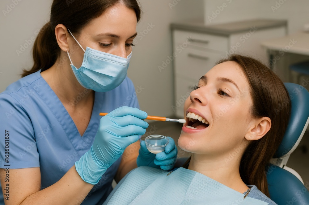 Fototapeta premium Dentist wearing surgical mask and gloves applying fluoride treatment to young woman's teeth in dental clinic