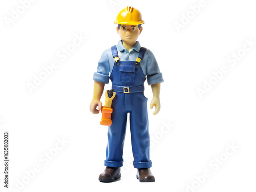 Toy construction worker in blue overalls and yellow hard hat isolated on transparent background