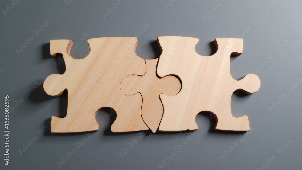 Obraz premium Three Wooden Jigsaw Puzzle Pieces Interlocking Against Gray Background