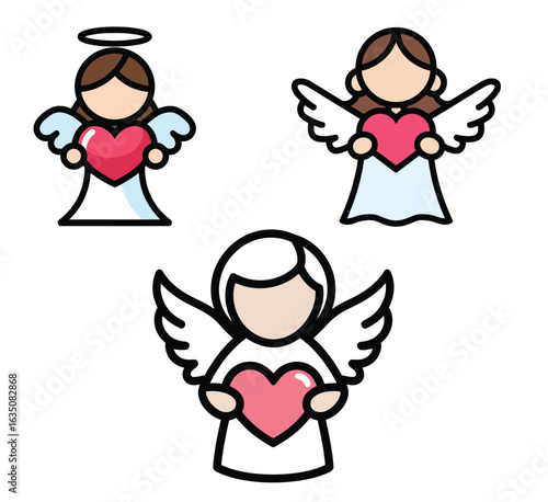 Cute Angel Vector Set - Christmas Holiday Guardian Angel with Heart Wings Cartoon Icon Collection