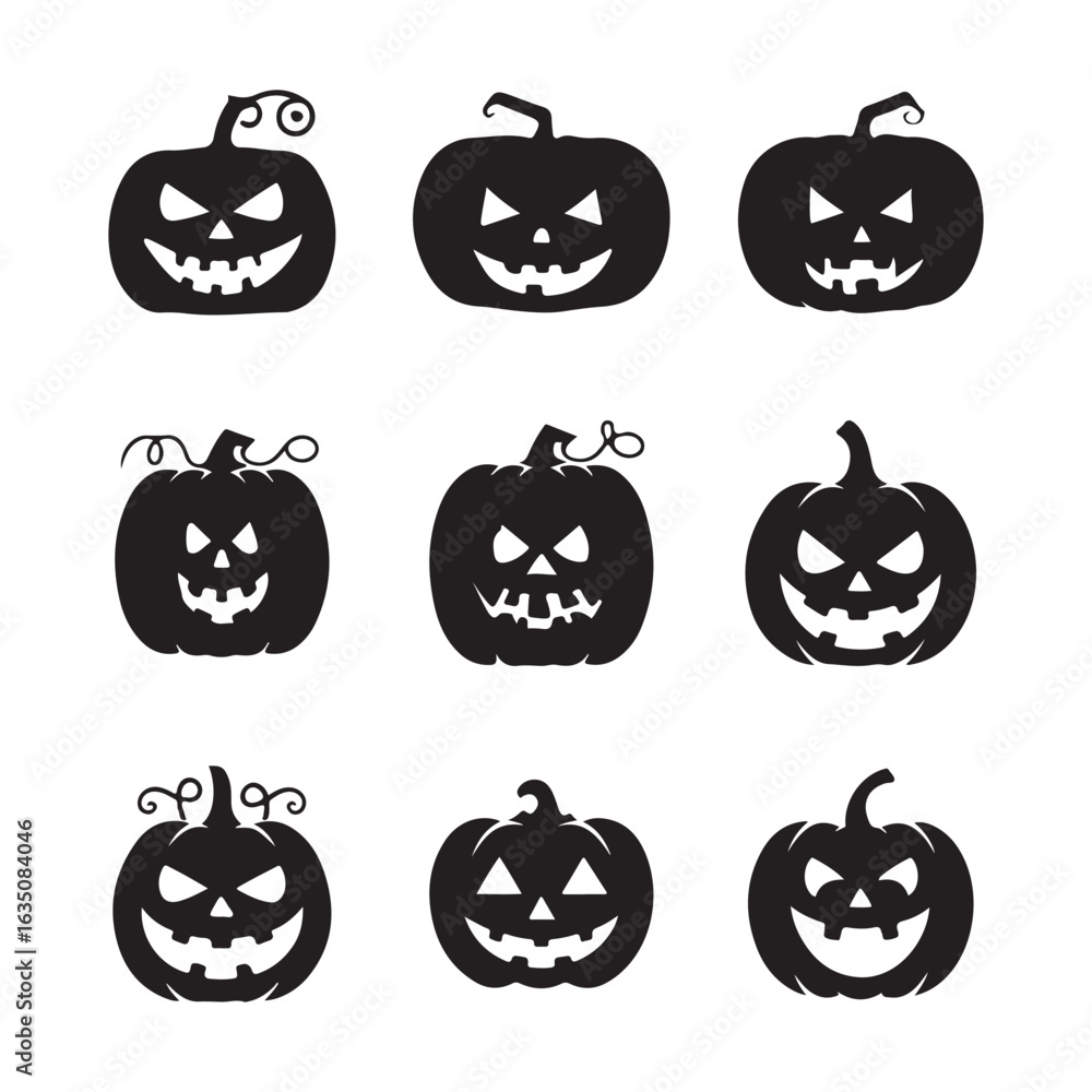 Obraz premium Spooky Halloween Pumpkin Silhouette Set – Collection of Scary Black Pumpkin Icons with Evil Expressions, Perfect for Halloween Decorations, Posters, Stickers, or Vector Graphic Design Projects