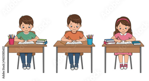 An illustration of three young students, two boys and a girl, diligently learning at their individual wooden desks.