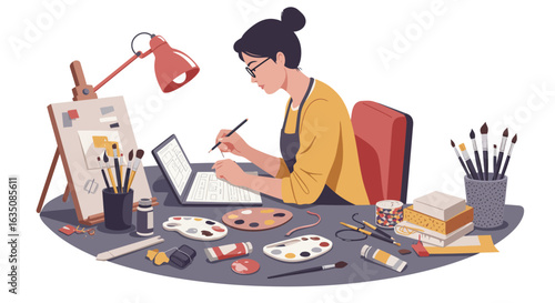 A female artist working at a desk, surrounded by art supplies, focused on digital artwork.