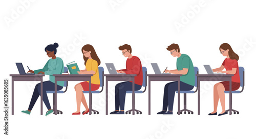 Diverse young people sitting at desks, engaged in various study and work activities like reading, writing, and using laptops.