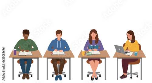 Four diverse students are sitting at individual desks, studying, reading books, and using a laptop in a classroom setting.