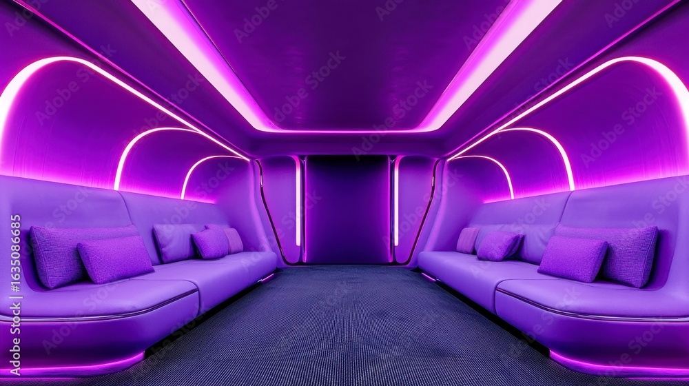Fototapeta premium Futuristic lounge interior featuring vibrant purple lighting and sleek modern design for stylish relaxation or creative gatherings