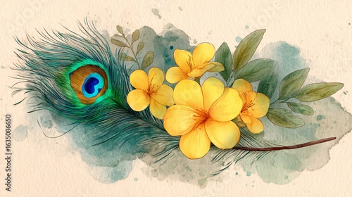 Vishu Watercolor Style Illustration Peacock Celebration Art