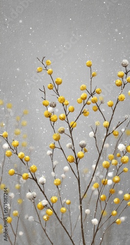 Delicate yellow and white berries on gray branches