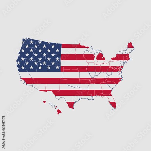 United States map filled with the American flag, showing the country's outline and stars and stripes.