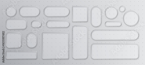 Set of liquid glass morphism elements on white background. Clean frames with reflections and shadows for modern UI and UX design.