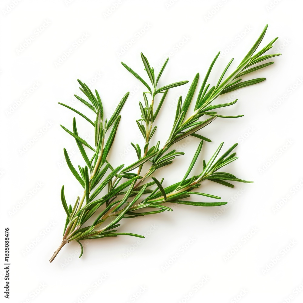 Fototapeta premium Fresh rosemary sprig, overhead shot, white background, cooking herb