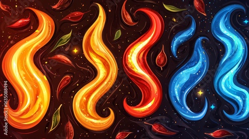 Vibrant swirling flames and leaves representing earth, fire, water, and air in an abstract art style for creative designs