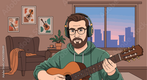 Bearded Man Playing Acoustic Guitar with Headphones in Cozy Room