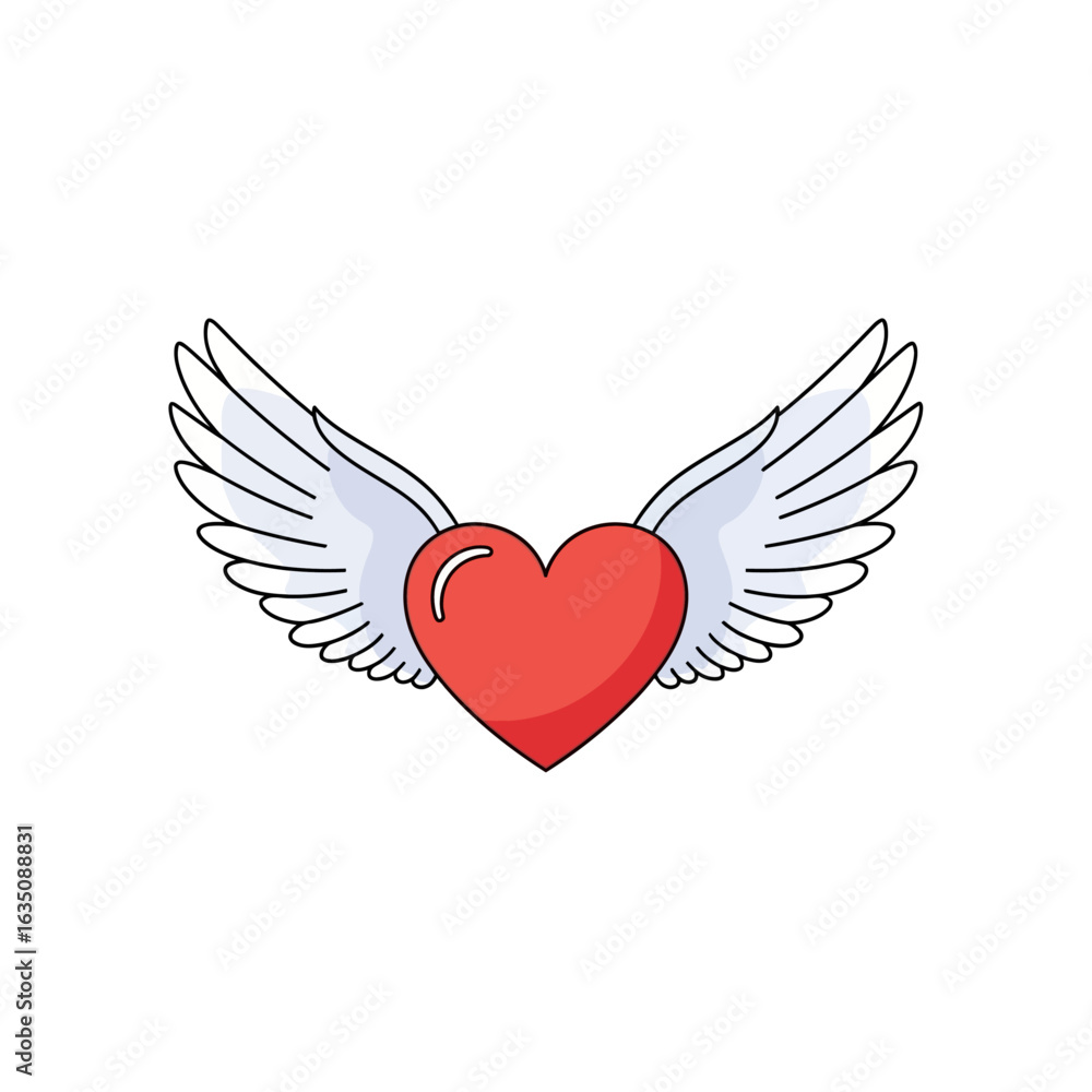 A vibrant red heart with white feathered wings, symbolizing love and freedom. A vibrant red heart with white feathered wings, symbolizing love and freedom.