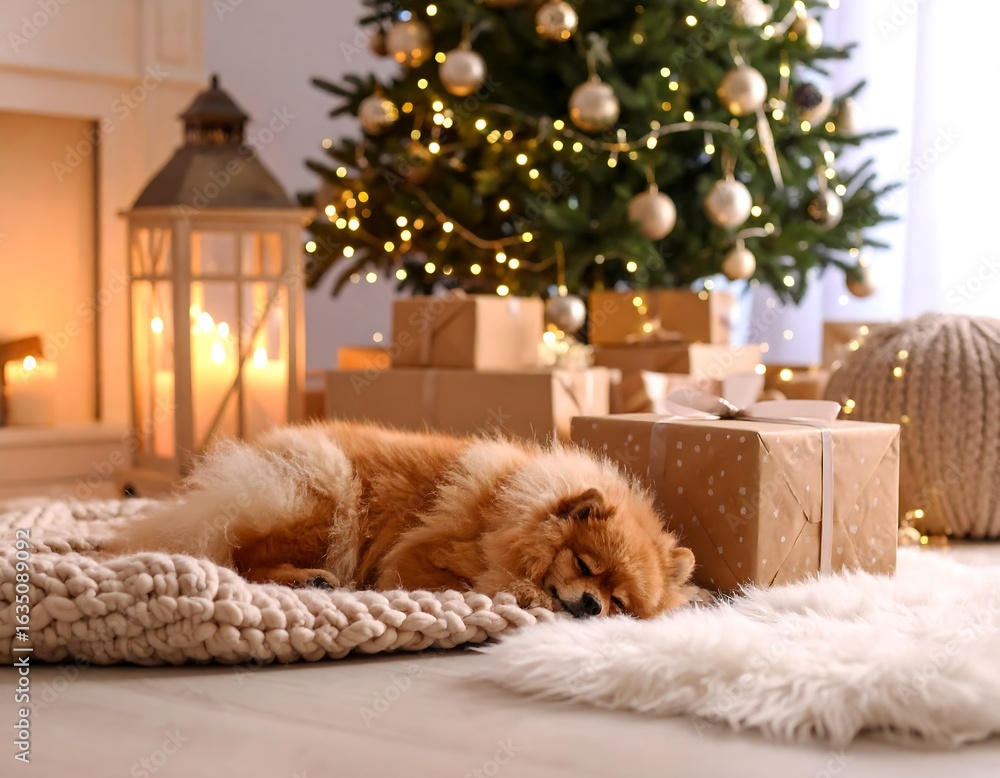 Obraz premium Fluffy dog sleeping by Christmas tree