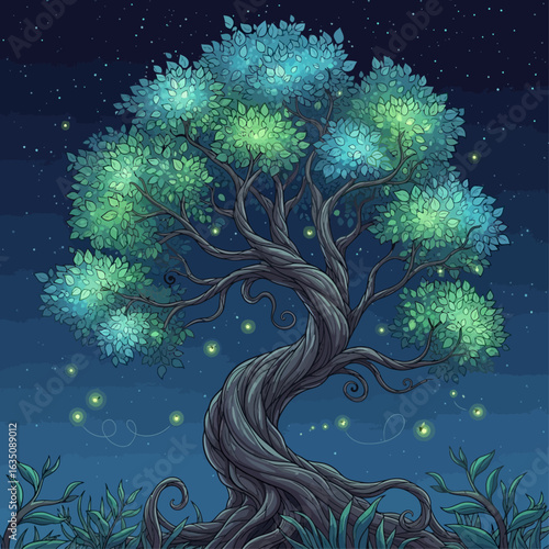 A whimsical, stylized tree with glowing leaves and fireflies under a starry night sky.