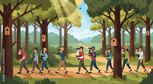 Birdwatchers Observing Nature's Beauty Along Forest Trail with Binoculars and Birdhouses.