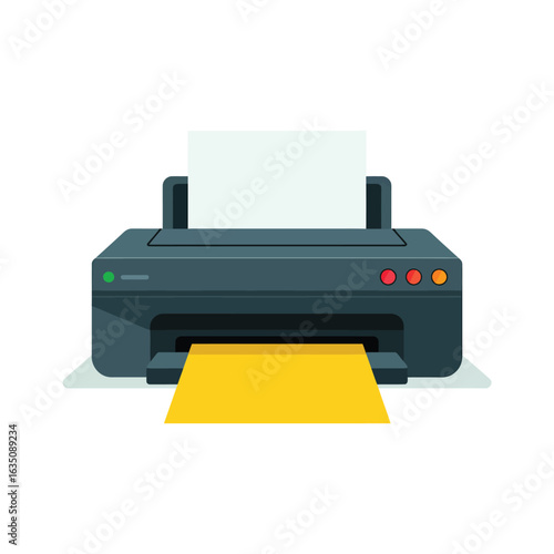 Modern dark gray inkjet printer with yellow paper output