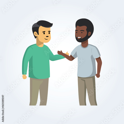 A character illustration of a black man and a white man, talking to each other