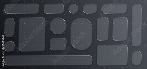 Transparent glass morphism elements set. Liquid plastic interface. Modern screen design. Shiny user interface buttons.
