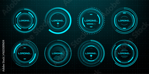Set of blue futuristic loading bars and circles with text. Vector hud interface elements with progress indicators for ux design.