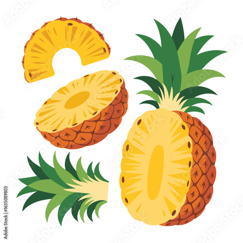 Fresh pineapple slices and halves isolated on white background