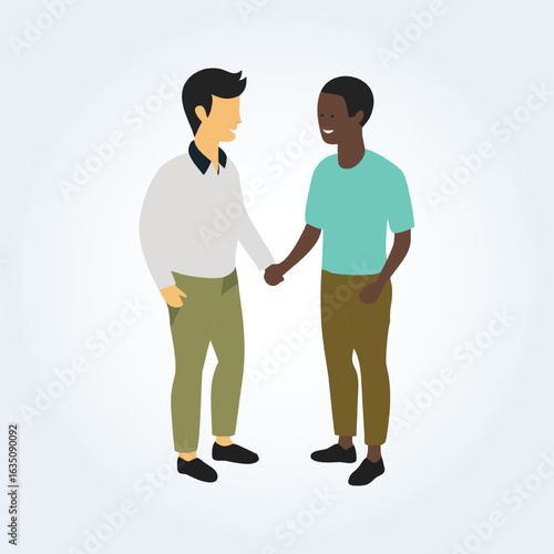 A character illustration of a black man and a white man's hand grabbing