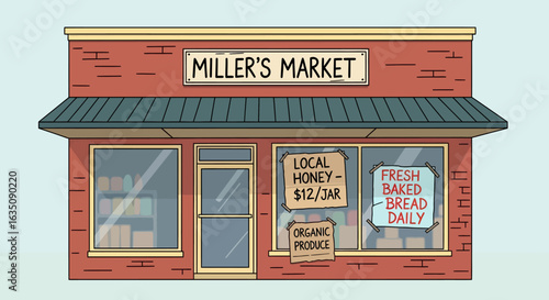 Cartoon Illustration of Miller's Market, Offering Fresh Baked Bread Daily.