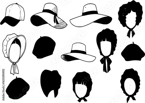 Female hats and caps. Woman vacation cap and hat vector illustrations, bonnet and panama, traditional lady head wearing types, fashion beret and napper accessories 