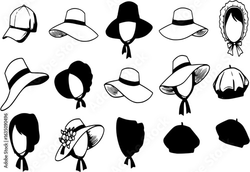 Female hats and caps. Woman vacation cap and hat vector illustrations, bonnet and panama, traditional lady head wearing types, fashion beret and napper accessories 