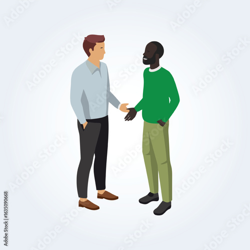 A character illustration of a black man and a white man talking to each other