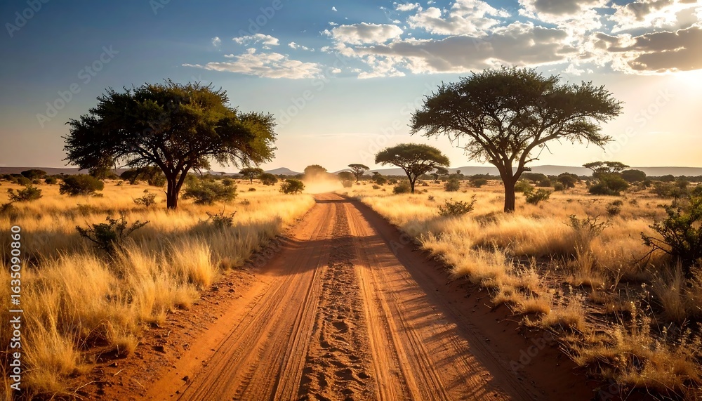 Naklejka premium Sandy Desert Road with Trees at Golden Hour Sunset