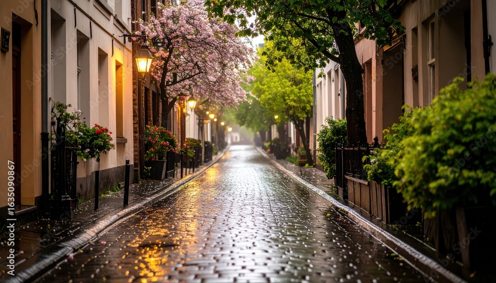 Obraz premium Rainy evening stroll through a charming cobblestone alley lush greenery and blossoms tranquil urban setting