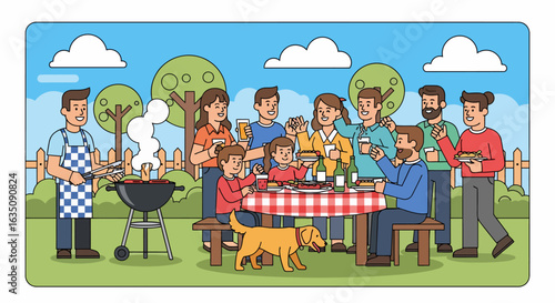Cheerful Family and Friends Enjoying a Summer Barbecue with Food and Dog