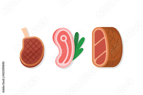 Three different cuts of raw meat steaks on a white background