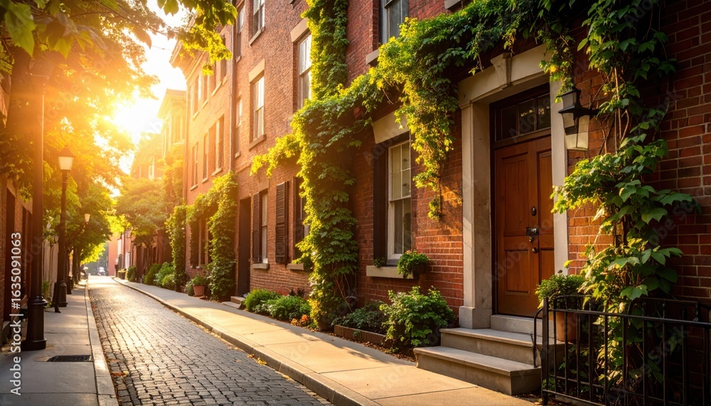 Obraz premium Golden hour stroll charming urban alley photography lush greenery serene atmosphere nature's embrace