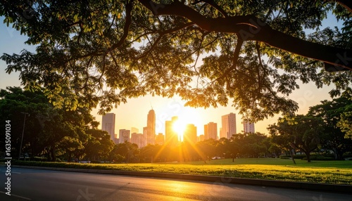 Fototapeta Naklejka Na Ścianę i Meble -  Sunrise urban landscape photography city park nature vibrant environment wide angle view serenity and growth